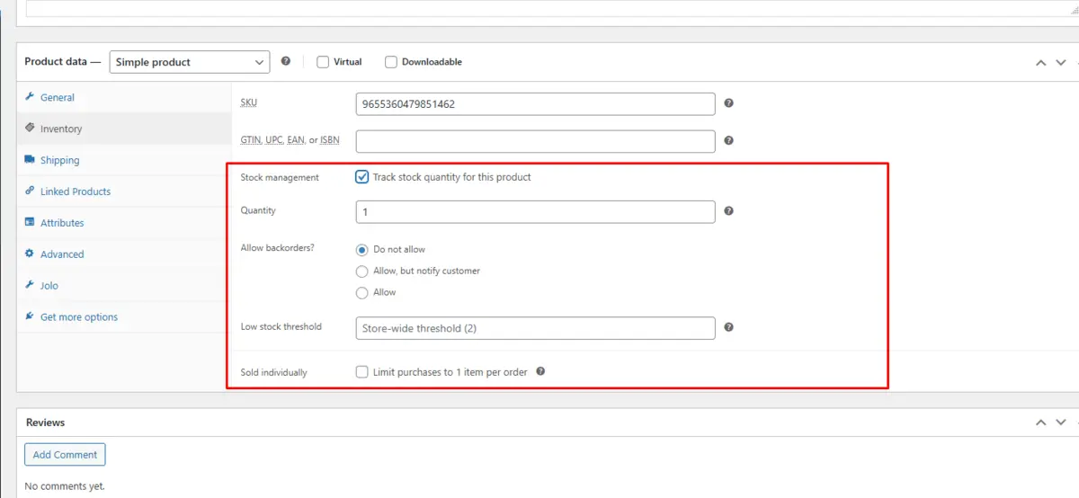 How to Stop Overselling Inventory in WooCommerce 2 WooCommerce product inventory settings showing stock tracking, quantity and backorders disabled