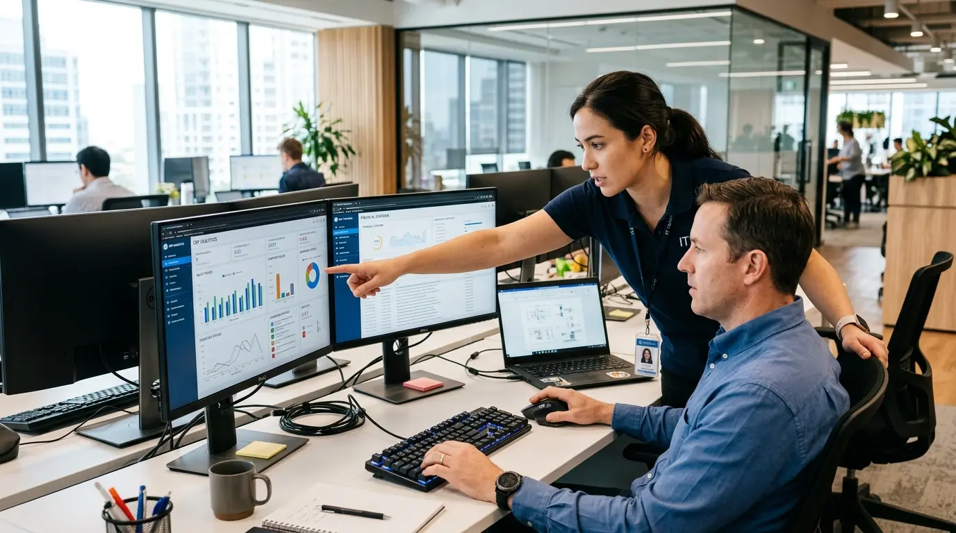 An IT specialist providing Business Central support services to a team member reviewing financial dashboards.