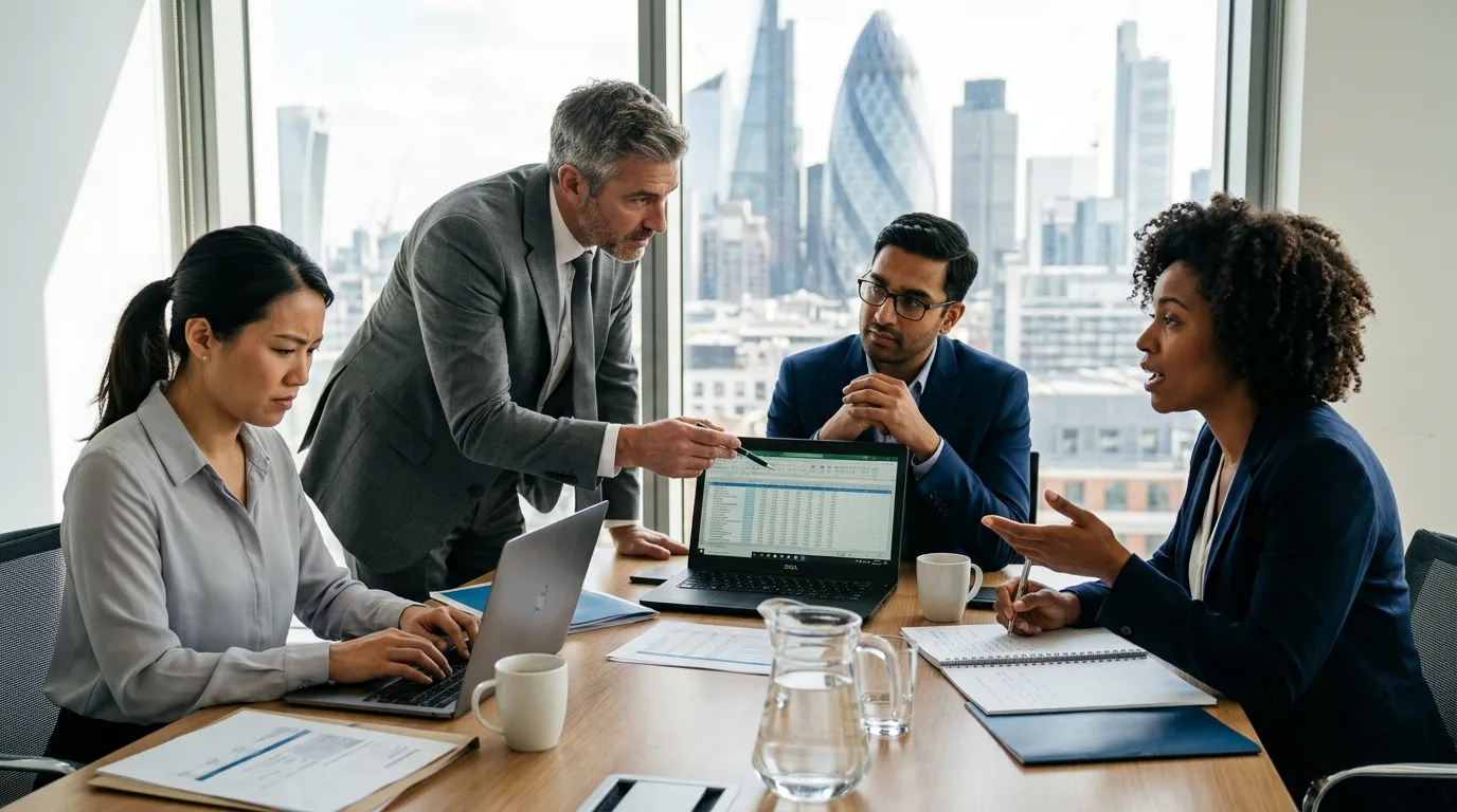 Finance team reviewing financial spreadsheets and data migration plans on laptops in a modern corporate boardroom.