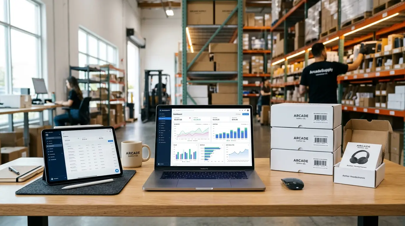 Laptop and tablet showing a Business Central eCommerce dashboard with sales metrics on a desk inside a fulfillment warehouse